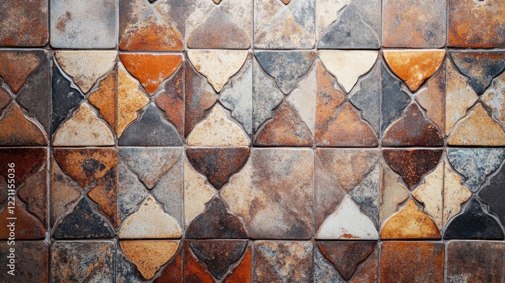 Poster Rustic, multicolored tiled wall with geometric patterns