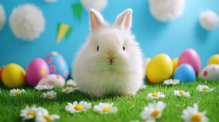 Fototapeta premium A fluffy white bunny sitting on green grass with scattered Easter eggs and bright daisies
