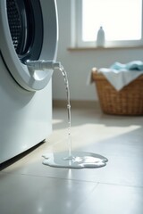 Naklejka premium A washing machine leaks water onto the floor, creating a puddle, showcasing a household appliance malfunction