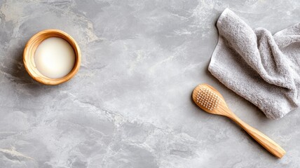 Bamboo toothbrush, bowl, and towel on marble surface