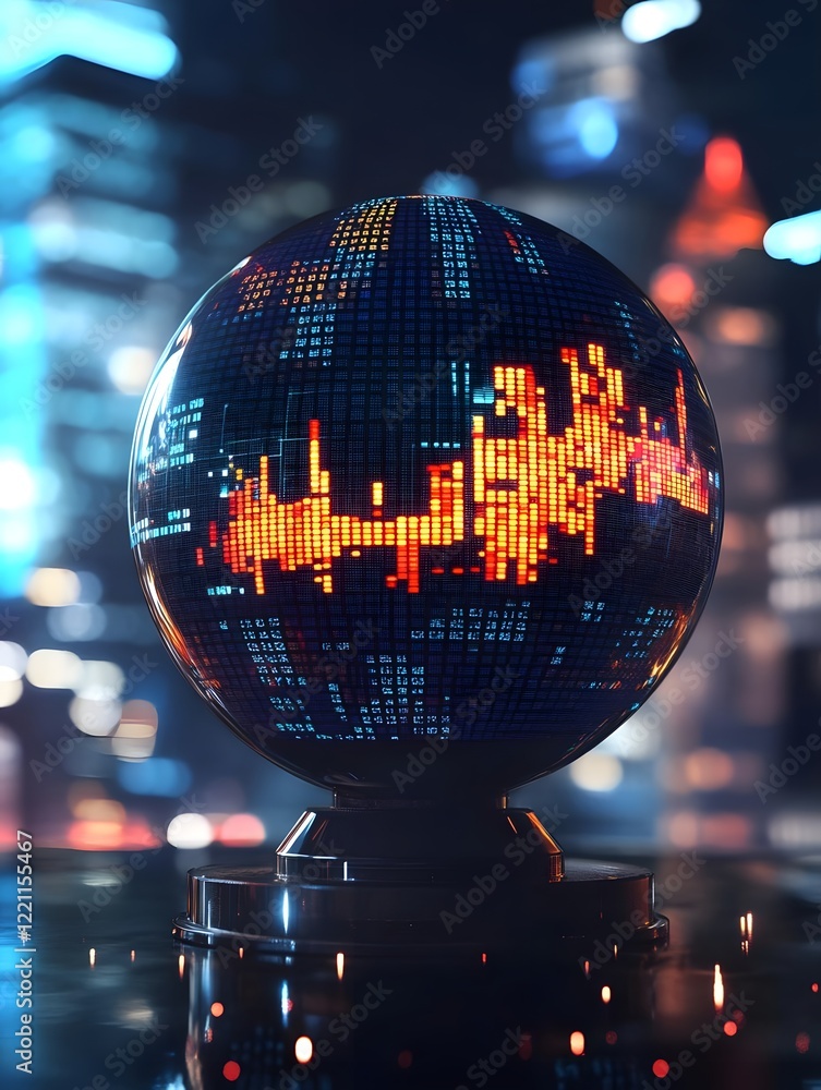 Aufkleber a digital globe displaying vibrant data patterns against a city skyline backdrop.