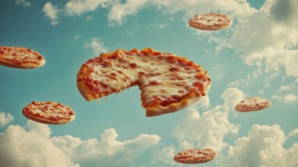 Cloudless Sky with Floating Pizza Creating Dreamy Atmosphere