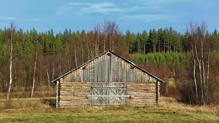 Weathered barn standing alone amidst a peaceful, tree-lined countryside