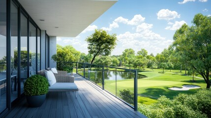 A modern luxury balcony overlooking a golf course or landscaped garden.