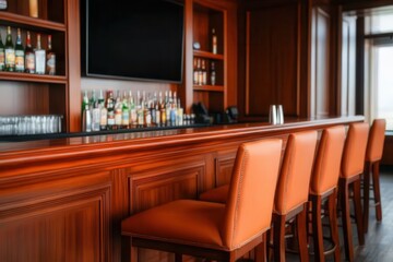 Luxury hotel interiors with exclusive lighting. Elegant bar interior with wooden accents and well-stocked shelves.
