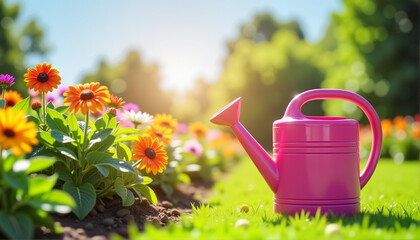 Pink watering can among blooming flowers in sunny garden, Garden Preparation Theme, Labor Day Theme