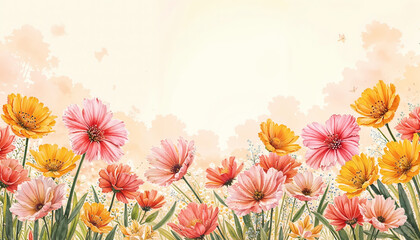 Obraz premium Field of colorful flowers on pastel background