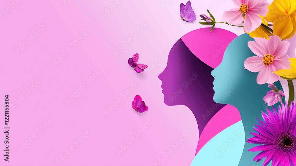 Wall mural Women's Day highlights unity through advocacy promoting equality and empowerment. Colorful Silhouettes of Women with Flowers and Butterflies