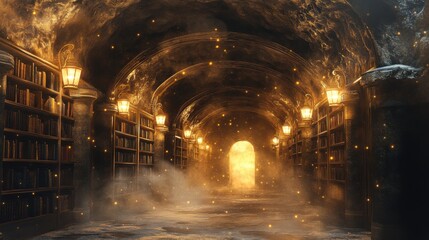 Fototapeta premium Magical exploration of an enchanted library fantasy realm digital art mystical environment atmospheric view imagination