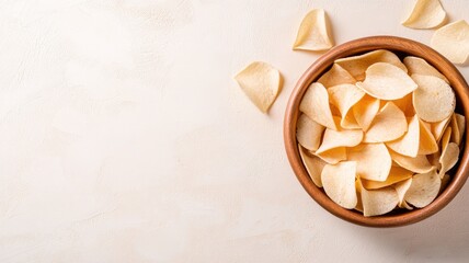 Bowl of potato chips on white background