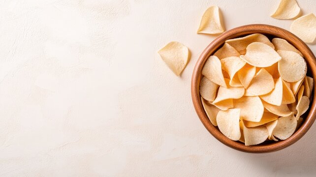 Bowl of potato chips on white background