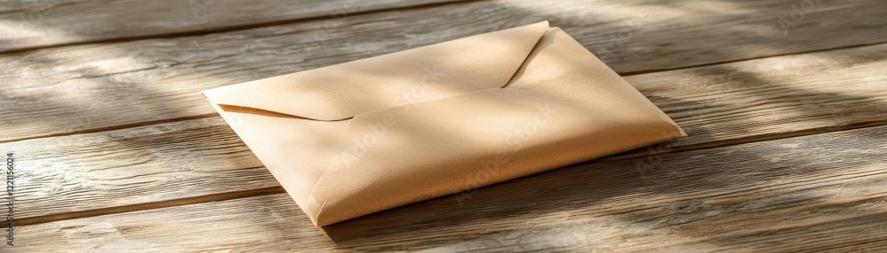 Poster a simple brown envelope rests on a wooden surface, illuminated by soft natural light, creating a war
