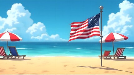 Beach Scene with American Flag Summer Vacation Illustration