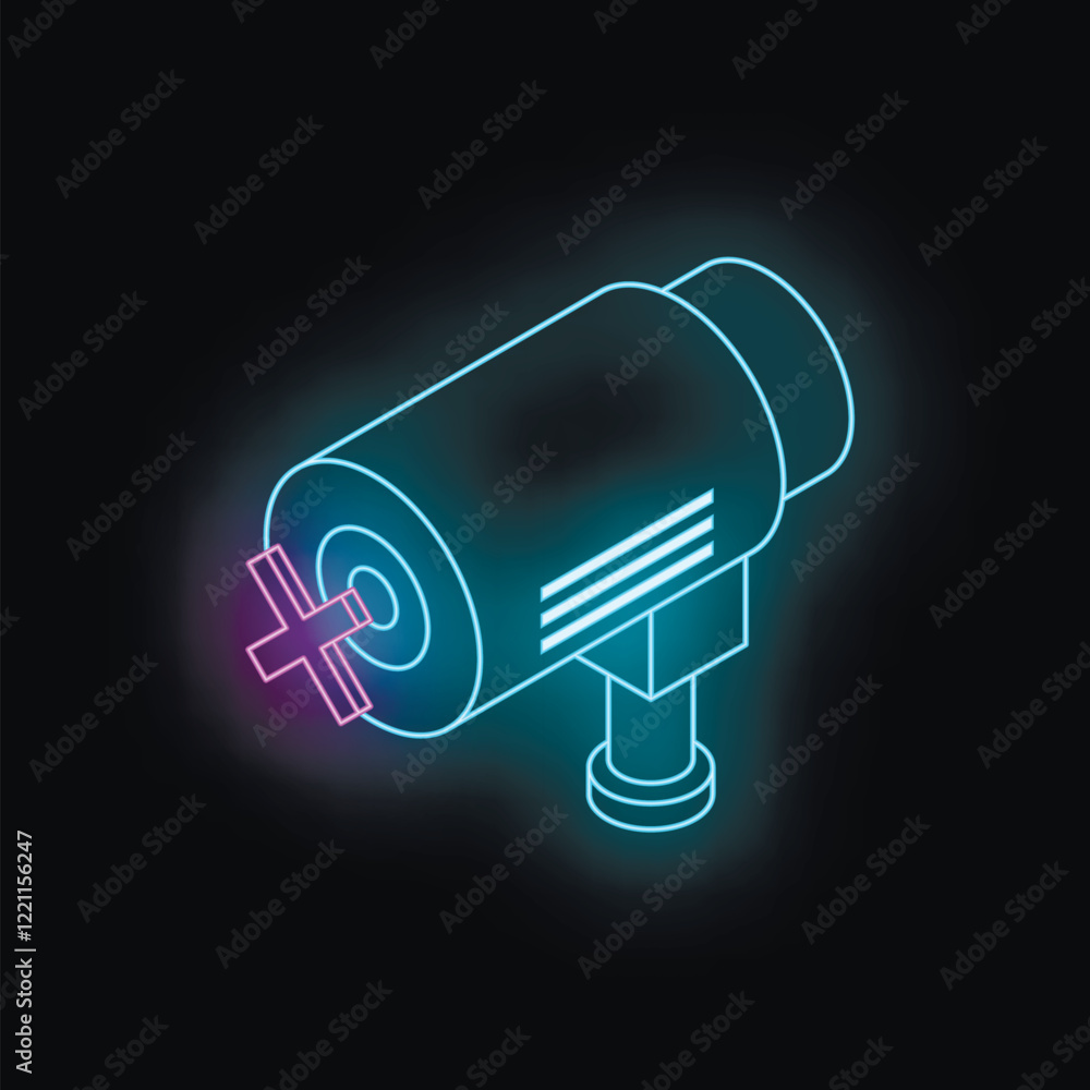 Poster neon security camera detecting with crosshair target symbol is detecting something on black backgrou