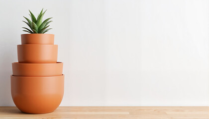 Potted succulent plant in stacked terracotta pots on wooden table, Garden Preparation Theme