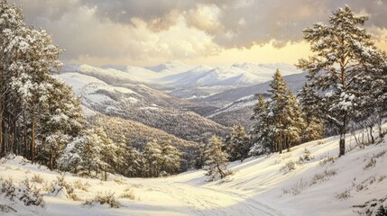 Obraz premium Serene Winter Landscape with Snow-Covered Mountains
