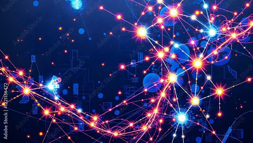 Aufkleber a complex network of glowing nodes and connections, resembling a neural network or circuit board, on