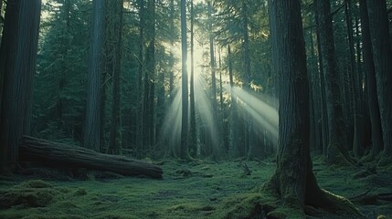 Fototapeta premium Sunbeams pierce a moss covered old growth forest