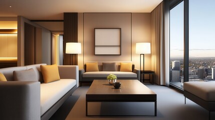 Luxury hotel interiors with exclusive lighting. Modern living room with elegant furniture and city view.