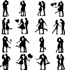 A collection of black silhouette illustrations of couples embracing, in various poses, conveying different levels of intimacy.