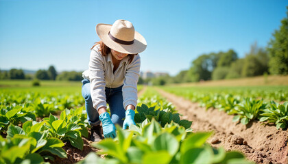 Woman tending to plants in a vibrant vegetable garden, Garden Preparation Theme