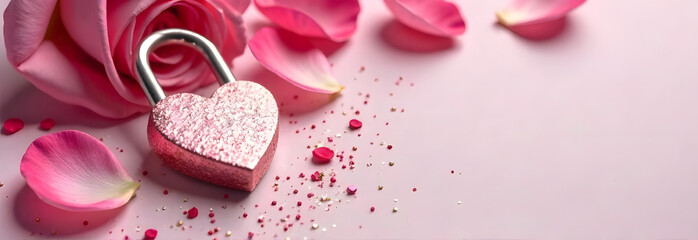 A heart-shaped key and lock surrounded by rose petals and glitter on a light surface, with text space on the right