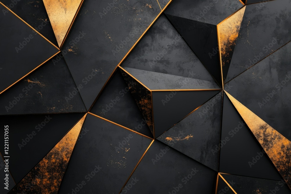 Poster a striking black background with a geometric pattern of triangles