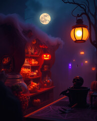 Spooky decorations illuminate a haunted market under a full moon on a misty Halloween night