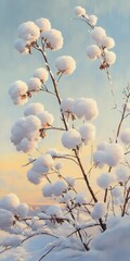 Snow-covered cotton plants under a pastel sky at sunset