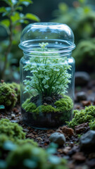 A small plant sealed in a transparent glass jar with mossy soil, symbolizing sustainable growth and environmental consciousness.