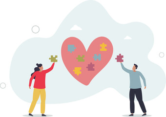 Charity project, non profit organization .Cartoon tiny volunteers fit puzzles into heart.flat characters.