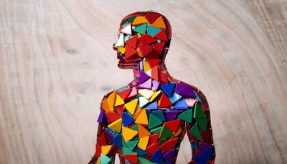 다채로운 색상의 금속 조각들이 인간 형상처럼 배열된 작품, 하나로 모여 하나의 형상을 이루는 모습은 사회의 통합을 상징한다