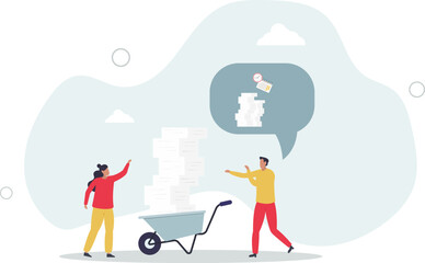 wheelbarrow full of paper documents, sorting unorganized stacks and heap.business and time management concept.flat characters.