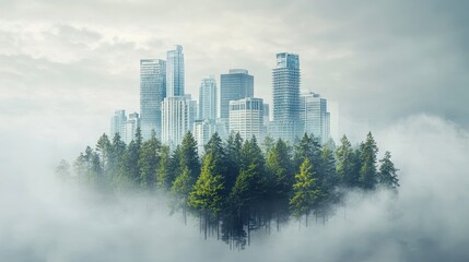 Obraz premium Urban forest fading into thick smog, merging nature with urban pollution, [air quality], [haze blend].