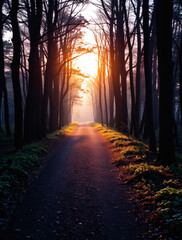 Obraz premium Sunlight filters through tall trees along a tranquil forest path at dawn