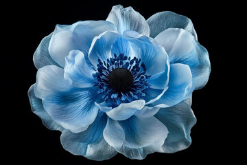 "Blue Anemone Flower with Yellow Center on Black Background"