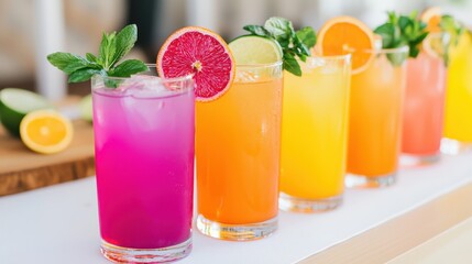 Fototapeta premium A vibrant display of colorful cocktails garnished with fresh fruit and mint, perfect for a refreshing summer experience.