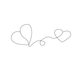 Two heart and love sign. One continuous line drawing of love icon. Symbol of Valentine day and romantic moment. Editable stroke. Doodle line illustration