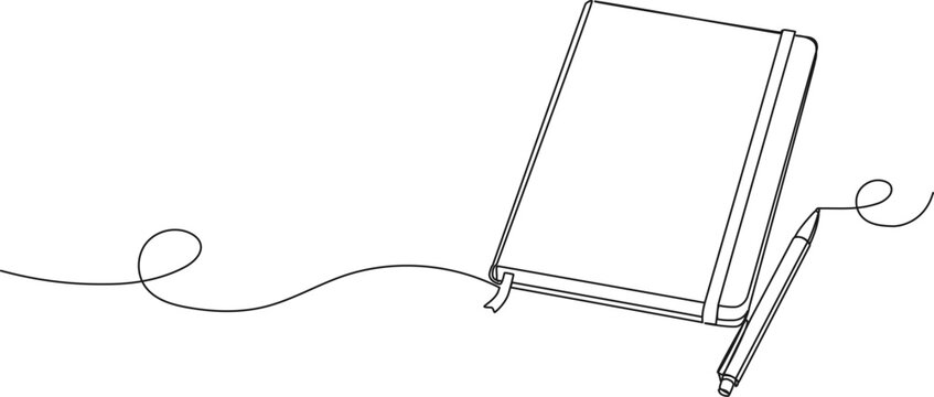 continuous single line drawing of closed journal or diary and pen, line art vector illustration