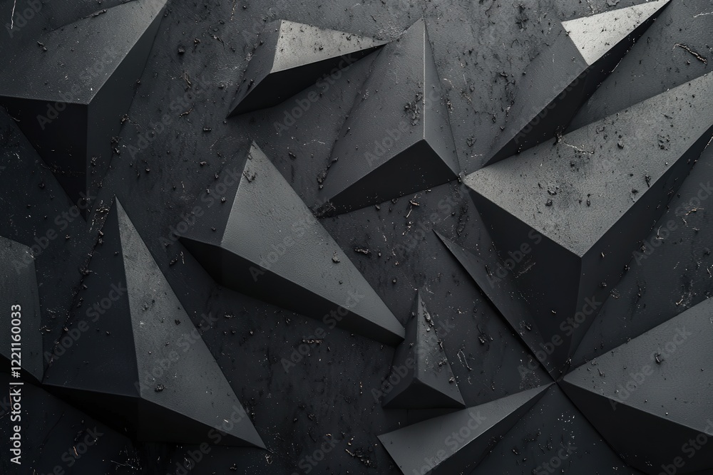 Poster a striking black background with a geometric pattern of triangles