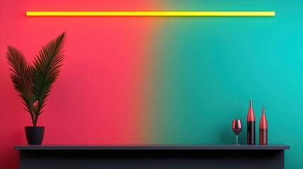 A vibrant interior scene featuring a neon light, a potted plant, and colorful bottles against a gradient wall, showcasing modern design aesthetics.