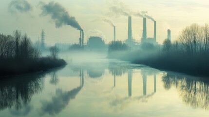 Fototapeta premium Urban river polluted with industrial runoff, heavy fog reflecting the toxic atmosphere, [environmental degradation], [urban haze].