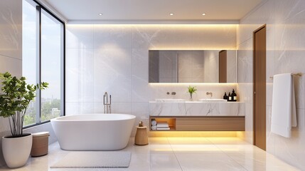 Fototapeta premium Luxury hotel interiors with exclusive lighting. Modern bathroom featuring a sleek design and abundant natural light.