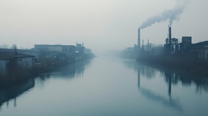 Naklejka premium Urban river polluted with industrial runoff, heavy fog reflecting the toxic atmosphere, [environmental degradation], [urban haze].