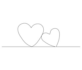 Two heart and love sign. One continuous line drawing of love icon. Symbol of Valentine day and romantic moment. Editable stroke. Doodle line illustration