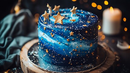 A celestial cake featuring a hand-painted galaxy design, accompanied by a constellation-themed birthday topper