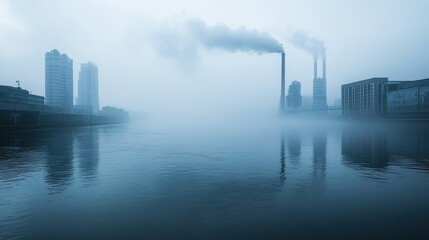 Fototapeta premium Urban river polluted with industrial runoff, heavy fog reflecting the toxic atmosphere, [environmental degradation], [urban haze].