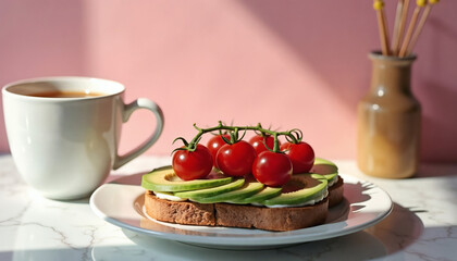 Avocado toast with cherry tomatoes and coffee on marble table