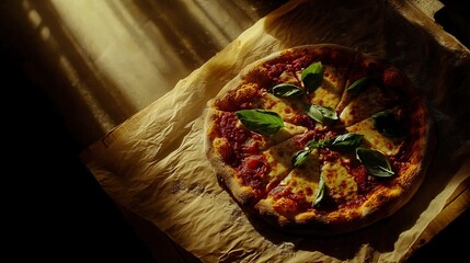 A gourmet pizza with molten cheese, basil leaves, and vibrant tomato sauce on a perfectly baked...