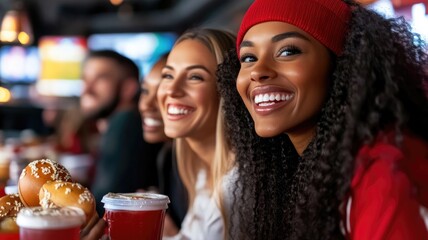Obraz premium Group of friends enjoying drinks and snacks at sports bar